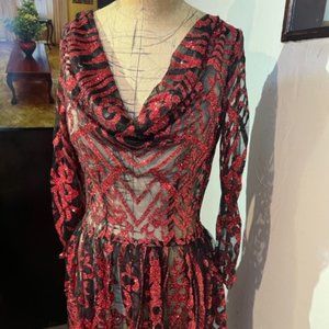 Designer Red Sparkle Mesh Cowl-neck Dress
